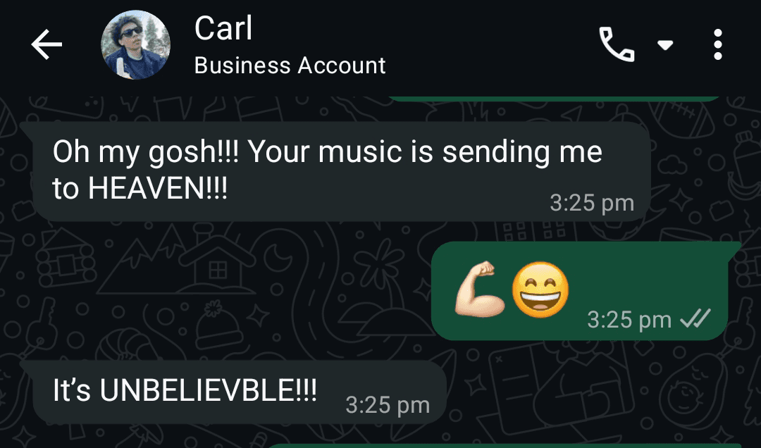 WhatsApp message from Carl (Business Account): Oh my gosh!!! Your music is sending me to HEAVEN!!! It's UNBELIEVBLE!!!